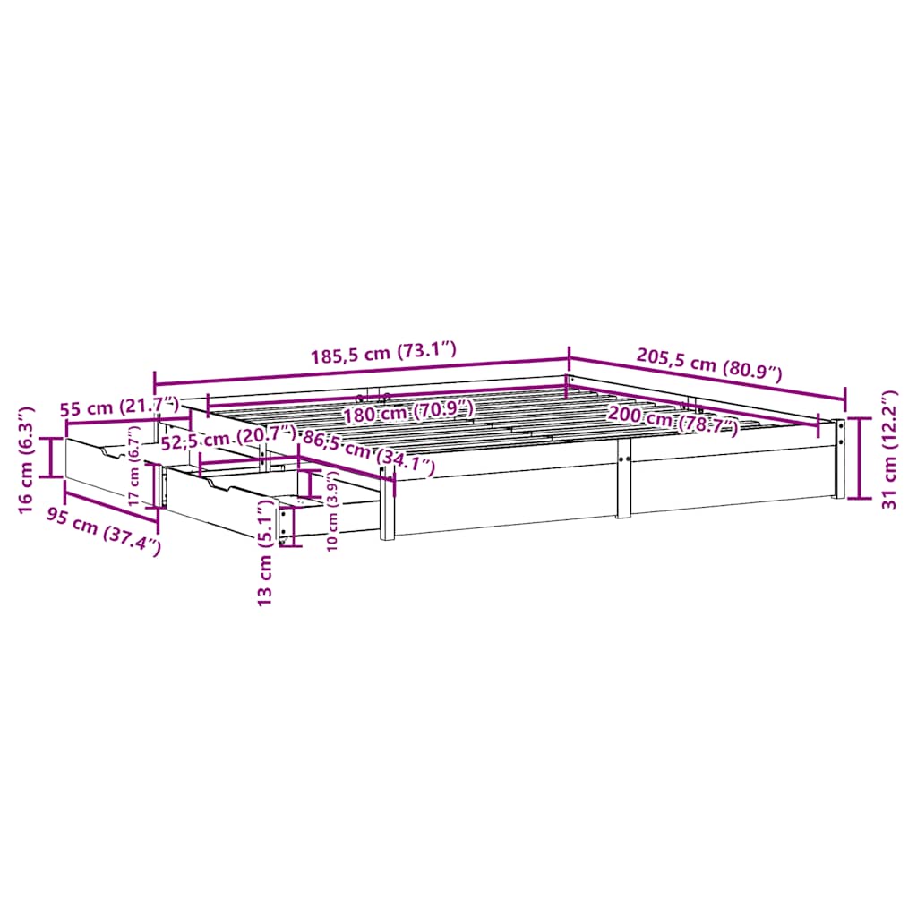 Cadre de lit sans matelas blanc 180x200 cm bois massif de pin - XIOS