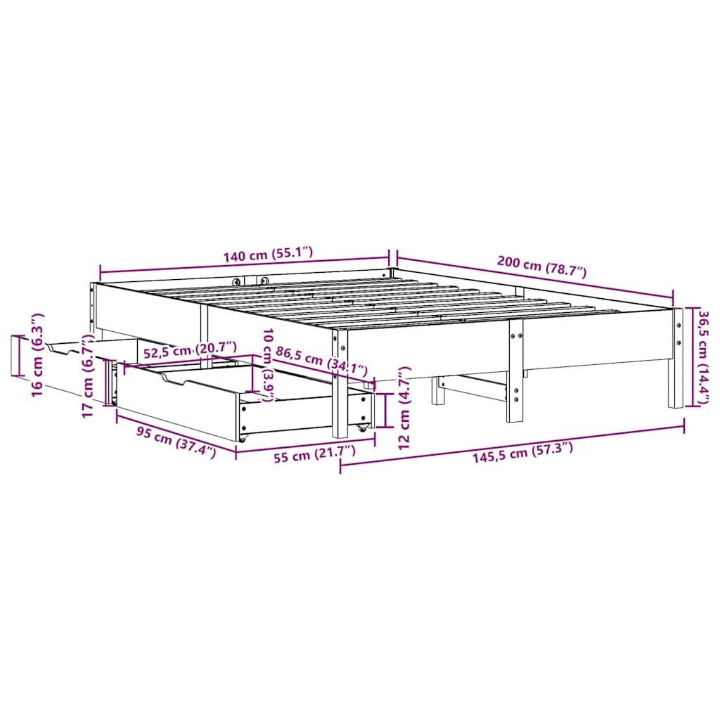 Cadre de lit sans matelas blanc 140x200 cm bois de pin massif - XIOS