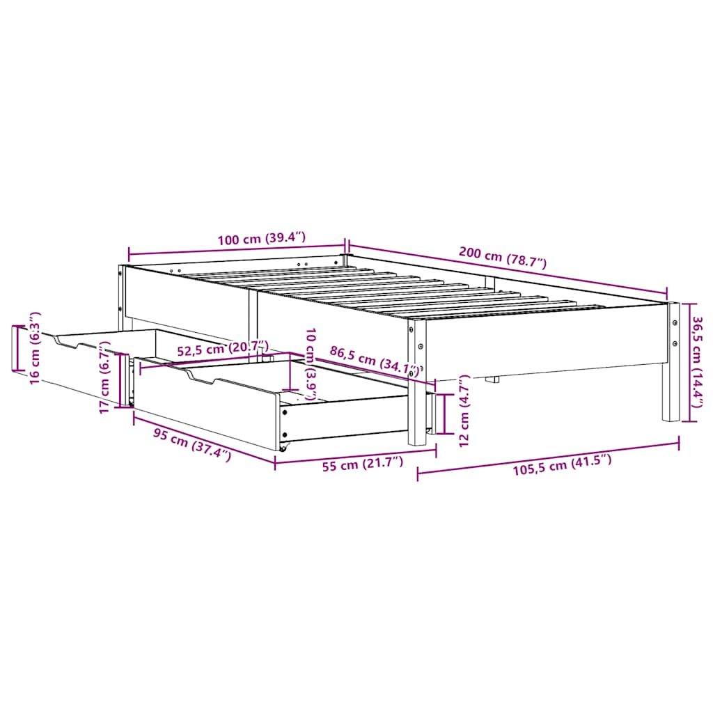 Cadre de lit sans matelas cire marron 100x200cm bois pin massif - XIOS