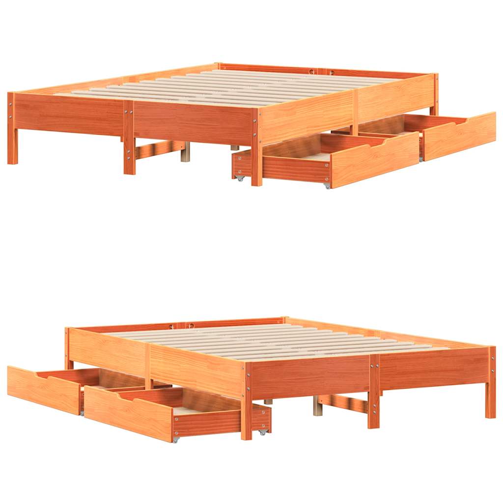 Cadre de lit sans matelas cire marron 135x190cm bois pin massif - XIOS