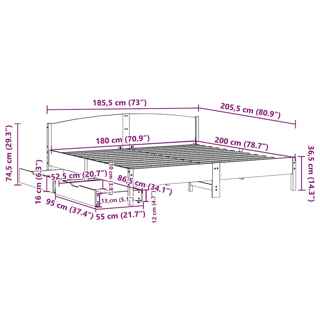 Cadre de lit sans matelas 180x200 cm bois massif de pin - XIOS