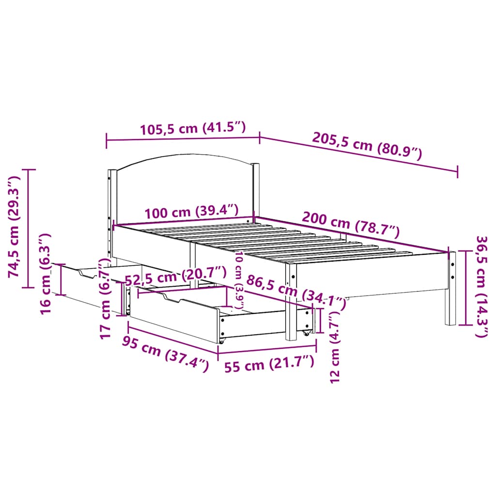 Cadre de lit sans matelas cire marron 100x200cm bois pin massif - XIOS