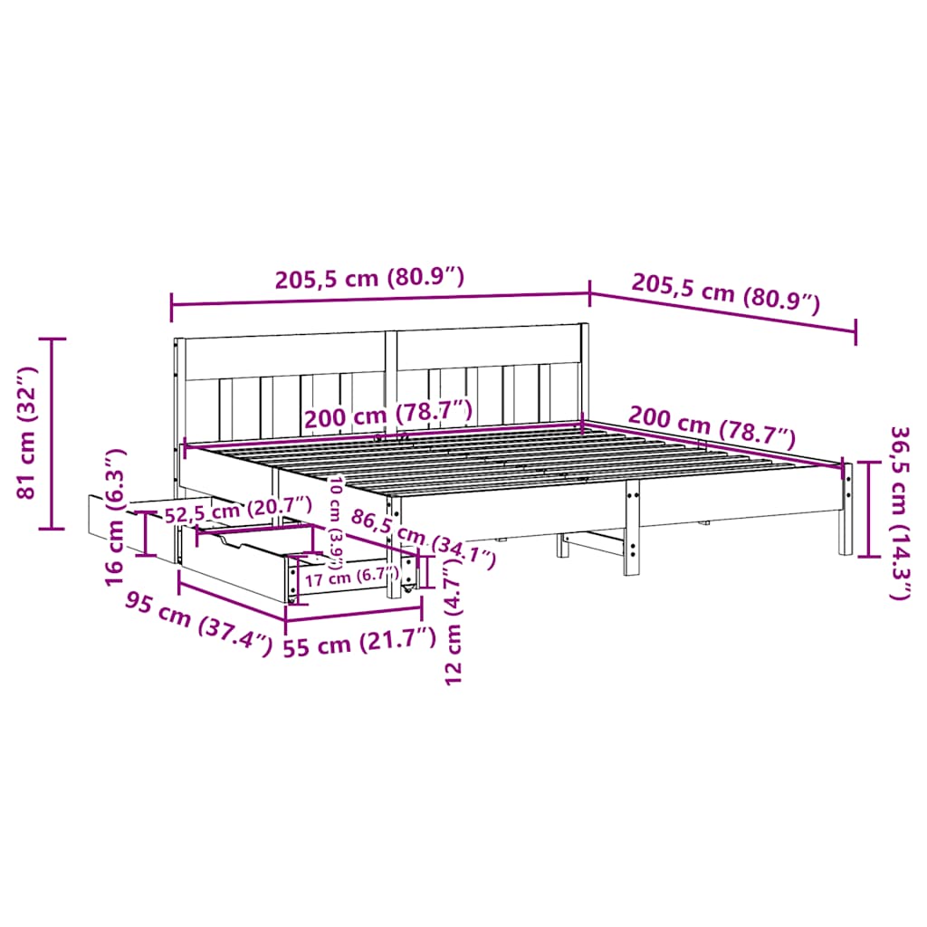 Cadre de lit sans matelas 200x200 cm bois massif de pin - XIOS