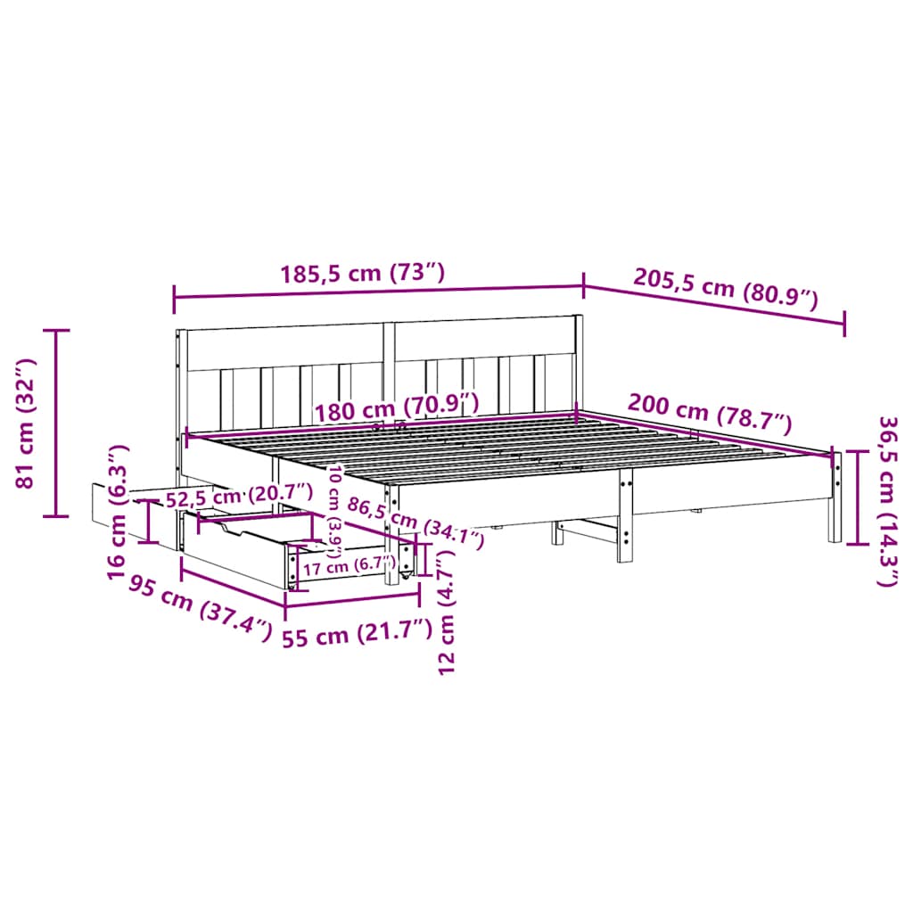 Cadre de lit sans matelas cire marron 180x200cm bois pin massif - XIOS