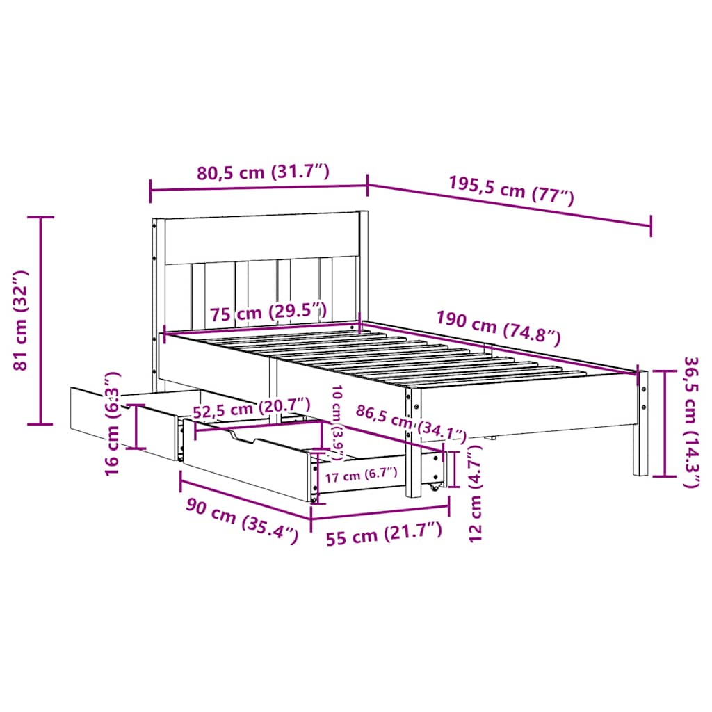 Cadre de lit sans matelas blanc 75x190 cm bois de pin massif - XIOS