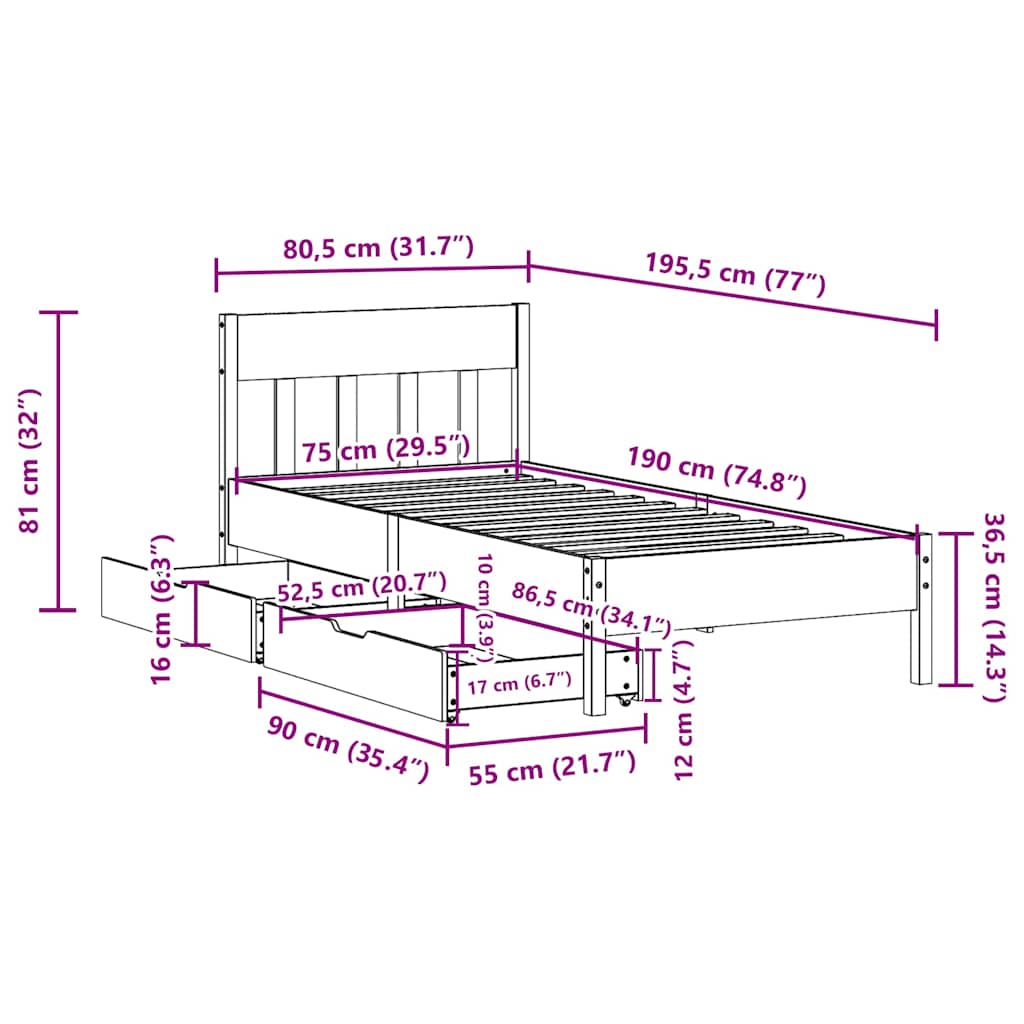 Cadre de lit sans matelas cire marron 75x190 cm bois pin massif - XIOS