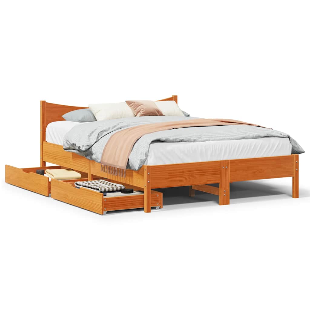 Cadre de lit avec tiroirs cire marron 150x200cm bois pin massif - XIOS