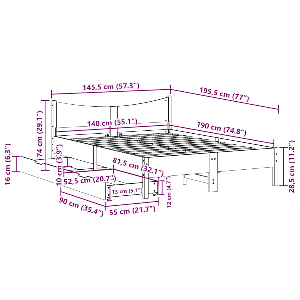 Cadre de lit avec tiroirs cire marron 140x190cm bois pin massif - XIOS
