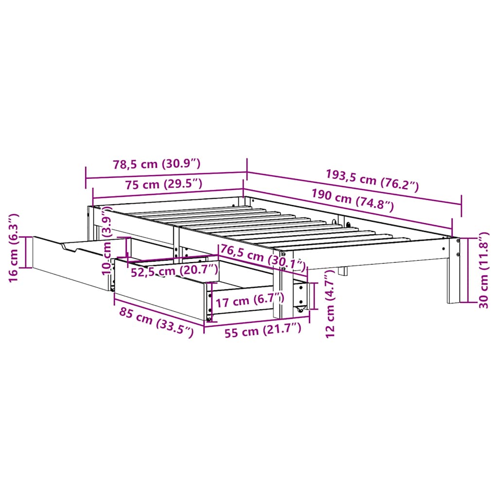 Cadre de lit avec tiroirs sans matelas 75x190 cm - XIOS