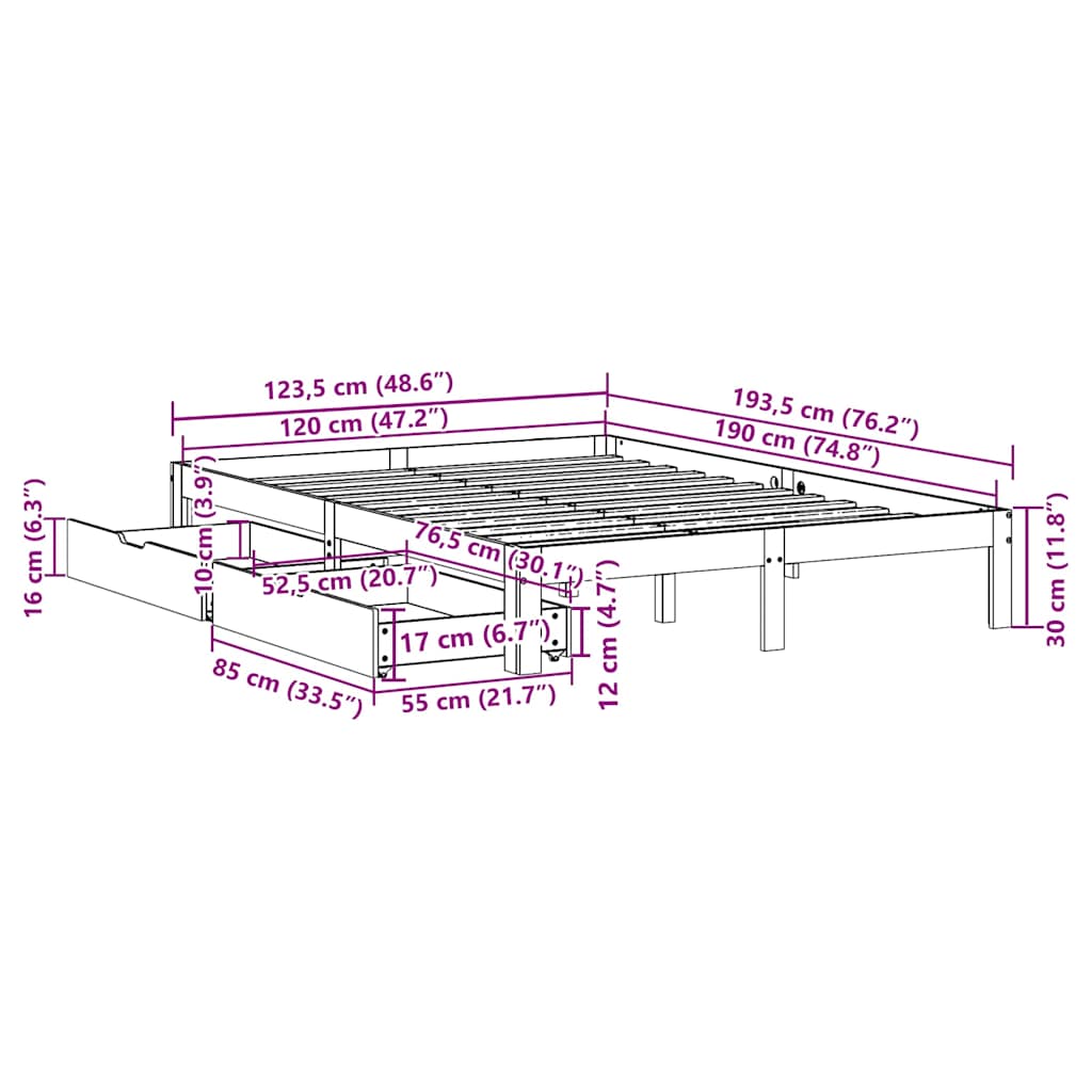 Cadre de lit avec tiroirs sans matelas 120x190 cm - XIOS