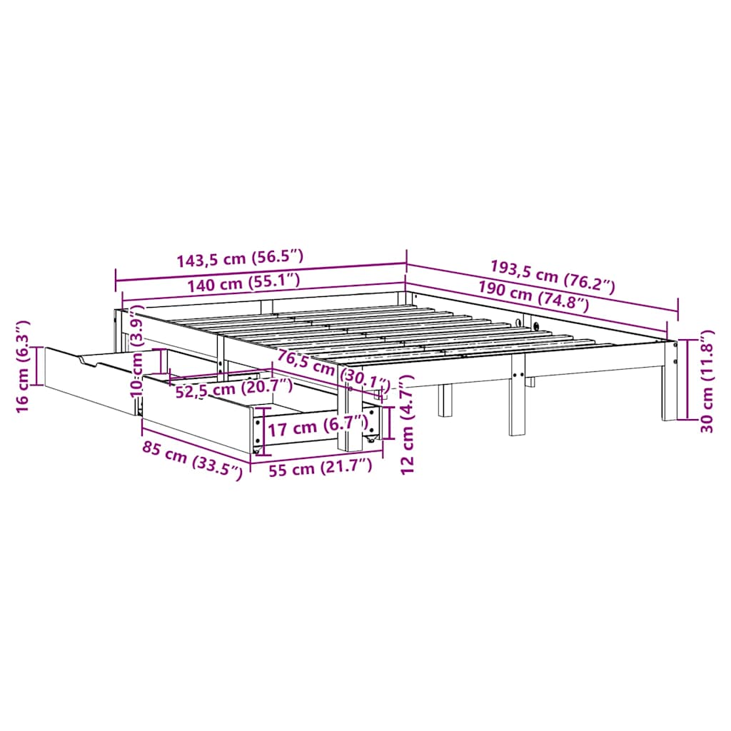 Cadre de lit avec tiroirs sans matelas 140x190 cm - XIOS