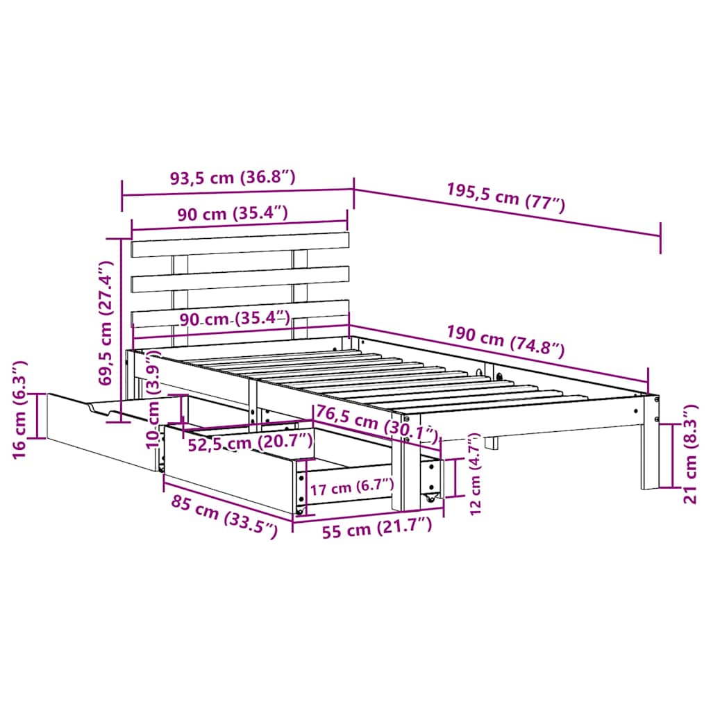 Cadre de lit avec tiroirs sans matelas 90x190 cm - XIOS