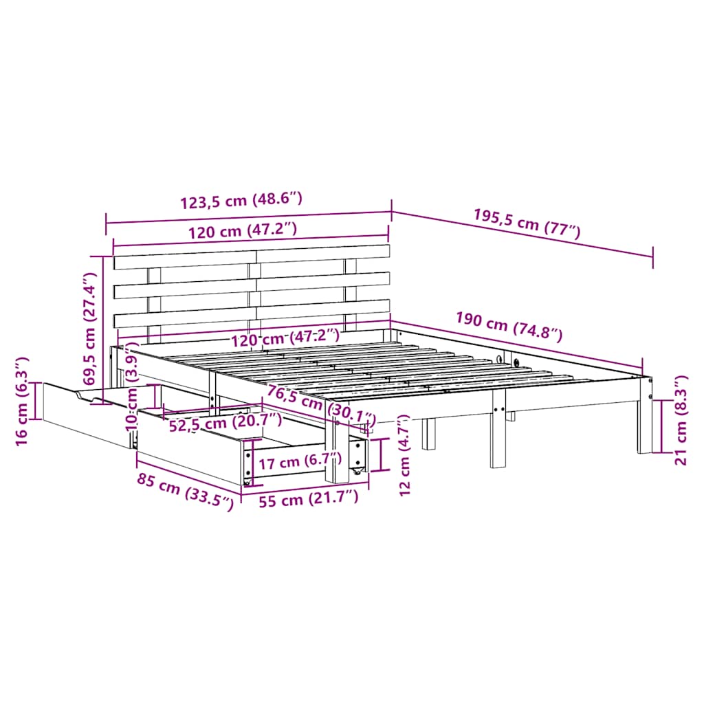 Cadre de lit avec tiroirs sans matelas 120x190 cm - XIOS