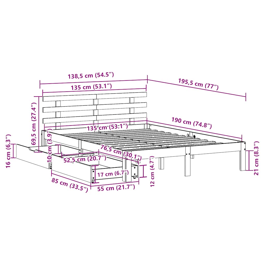 Cadre de lit avec tiroirs sans matelas 135x190 cm - XIOS
