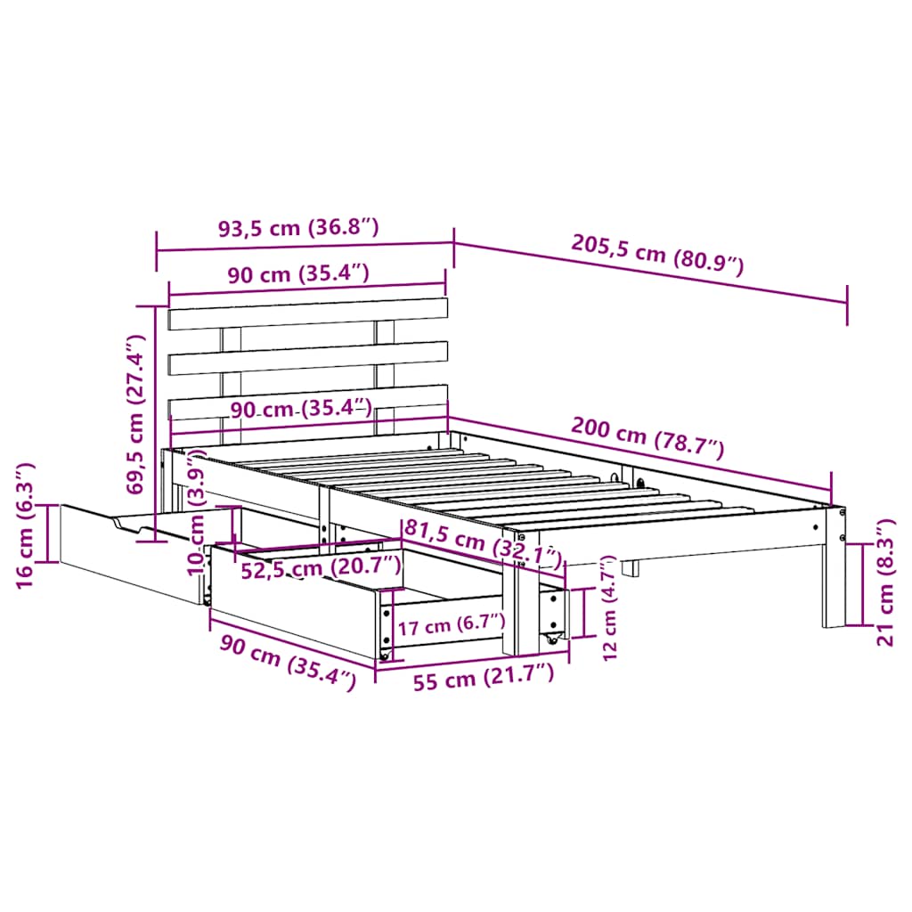 Cadre de lit avec tiroirs sans matelas blanc 90x200 cm - XIOS