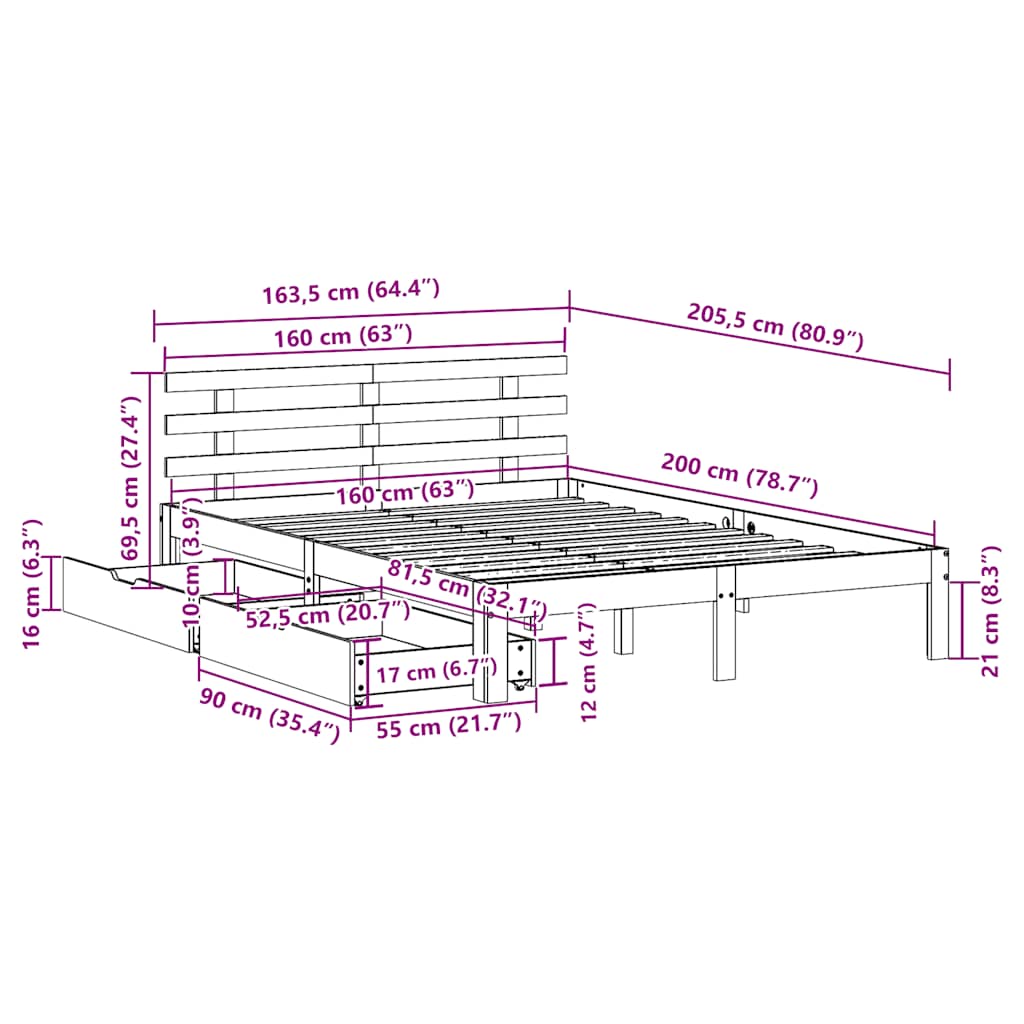Cadre de lit avec tiroirs sans matelas 160x200 cm - XIOS