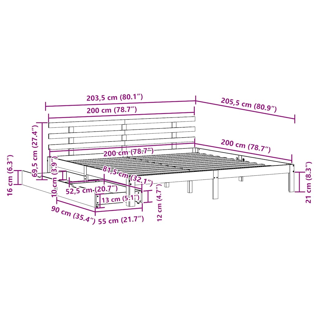 Cadre de lit avec tiroirs sans matelas 200x200 cm - XIOS