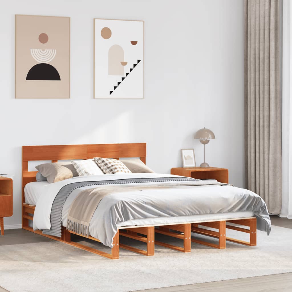 Cadre de lit sans matelas cire marron 135x190cm bois pin massif - XIOS