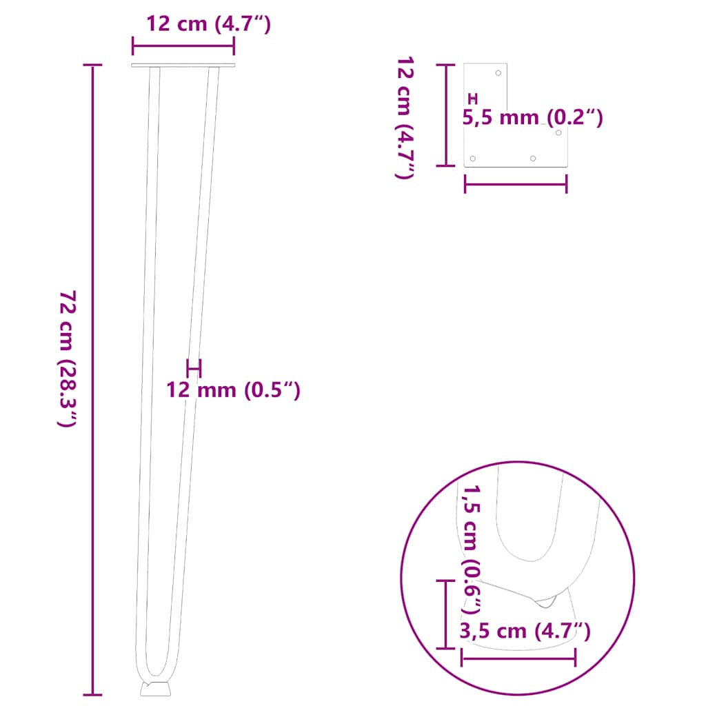 Pieds en épingle à cheveux pour consoles, lot de 4, acier naturel, 72 cm, acier massif - XIOS