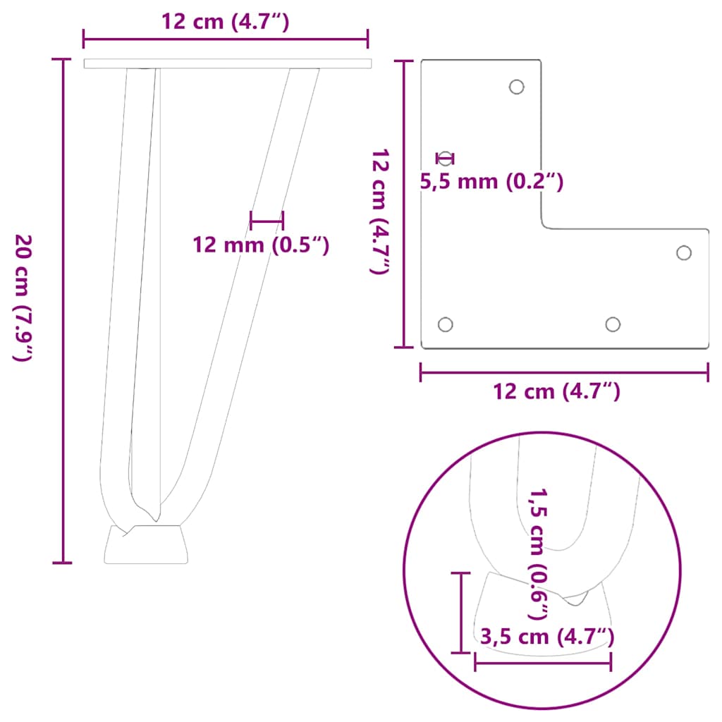 Pieds en épingle à cheveux pour table basse 4 pièces Anthracite 20 cm Acier massif - XIOS