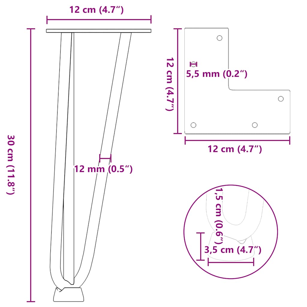 Pieds en épingle à cheveux pour table basse 4 pièces Noir 30 cm Acier massif - XIOS