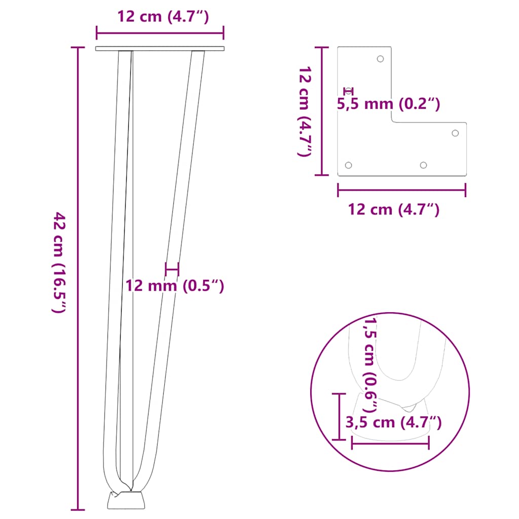 Pieds en épingle à cheveux pour table basse 4 pièces Acier naturel 42 cm Acier massif - XIOS