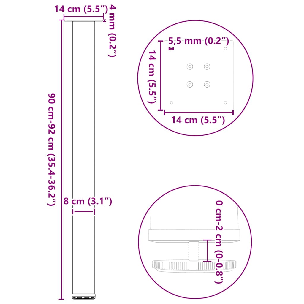 Pieds de table de bar 4 pièces Acier naturel 90-92 cm Acier