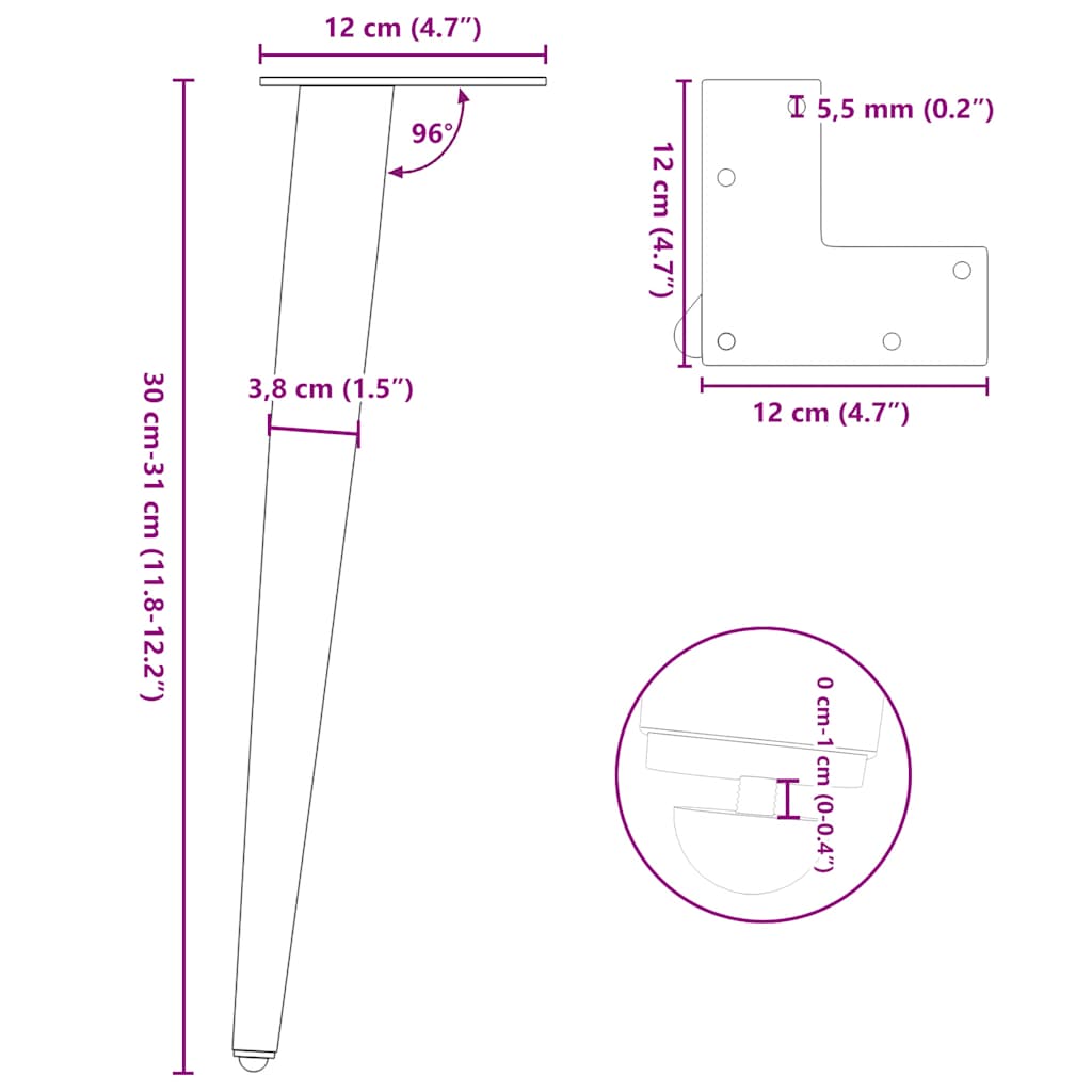 Pieds de table basse coniques 4 pièces Blanc 30-31 cm Acier - XIOS