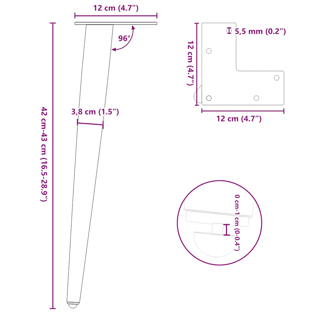 Pieds de table basse coniques 4 pièces Blanc 42-43 cm Acier - XIOS