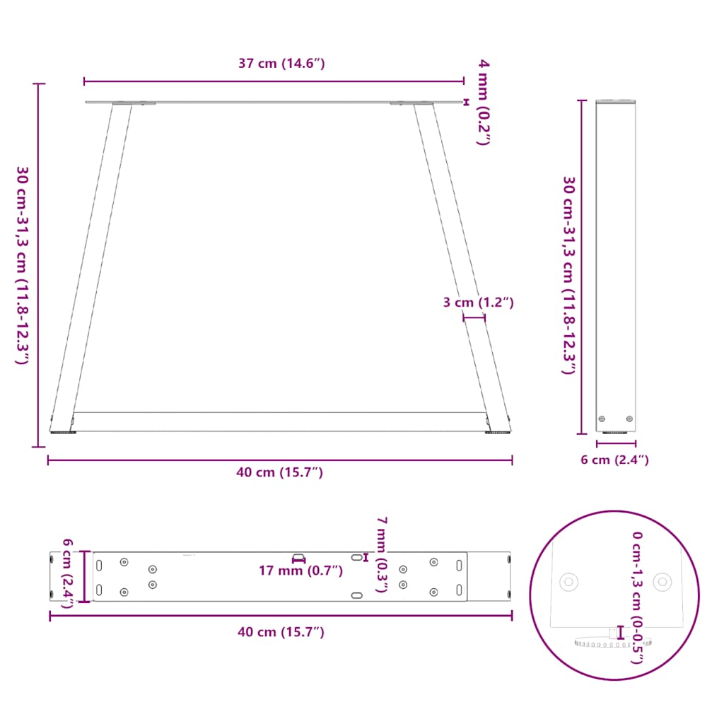 Pieds de table basse en forme de V, 2 pièces, acier naturel, 40 x (30-31,3) cm - XIOS