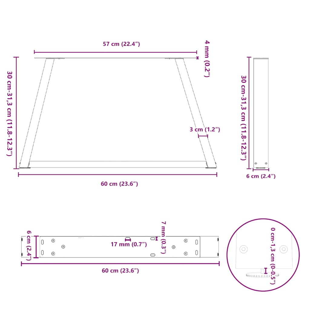 Pieds de table basse en forme de V, 2 pièces, blanc, 60 x (30-31,3) cm, acier - XIOS