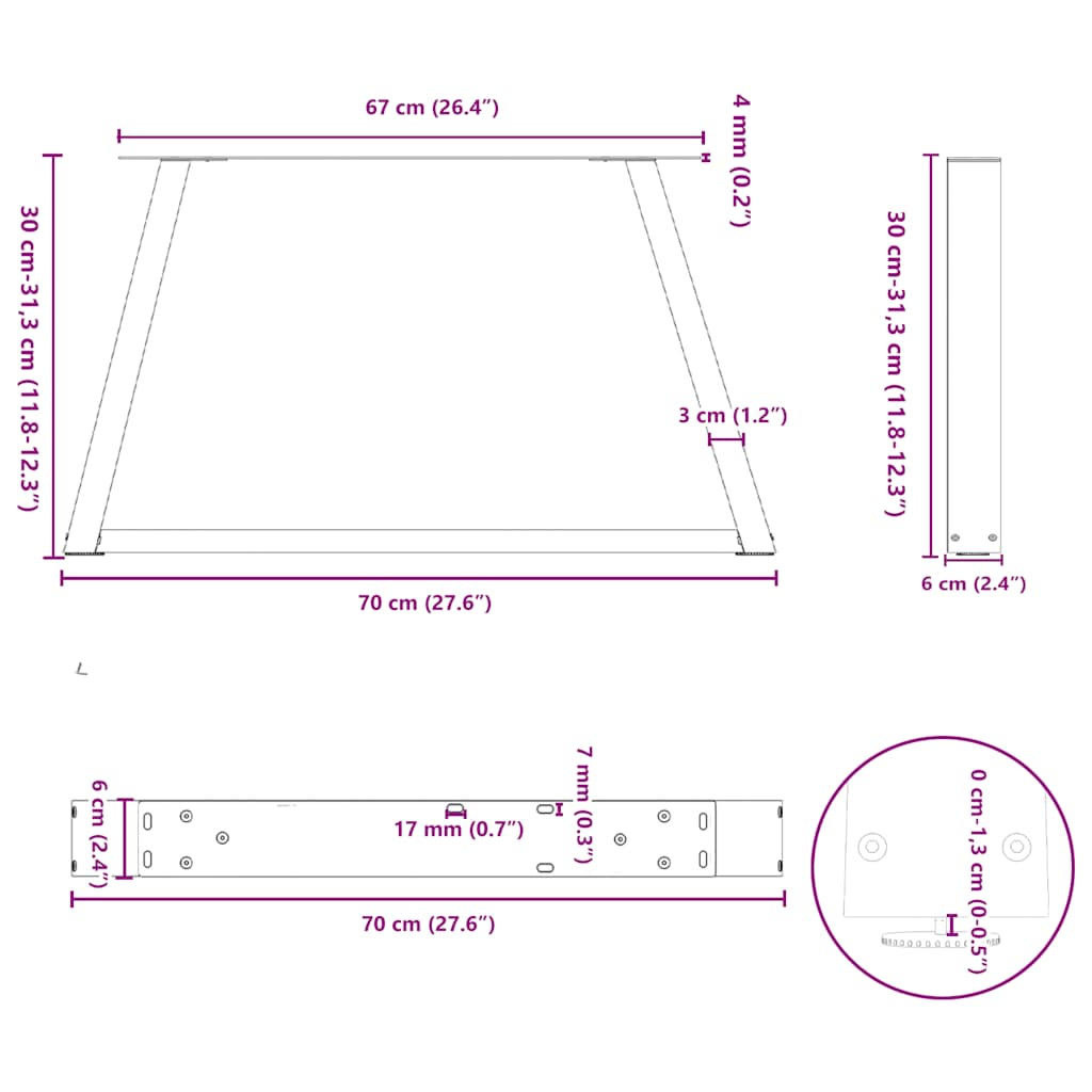 Pieds de table basse en forme de V, 2 pièces, blanc, 70 x (30-31,3) cm, acier - XIOS