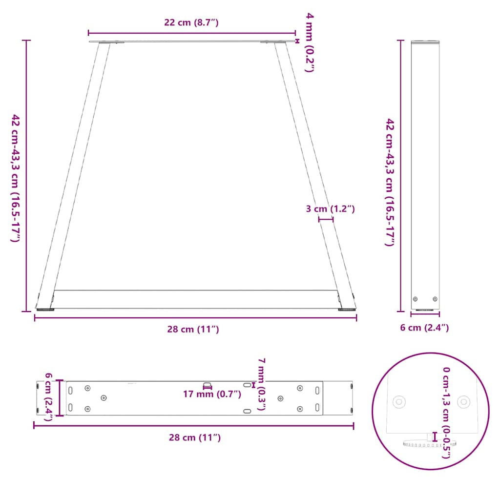 Pieds de table basse en forme de V, 2 pièces, acier naturel, 28 x (42-43,3) cm - XIOS