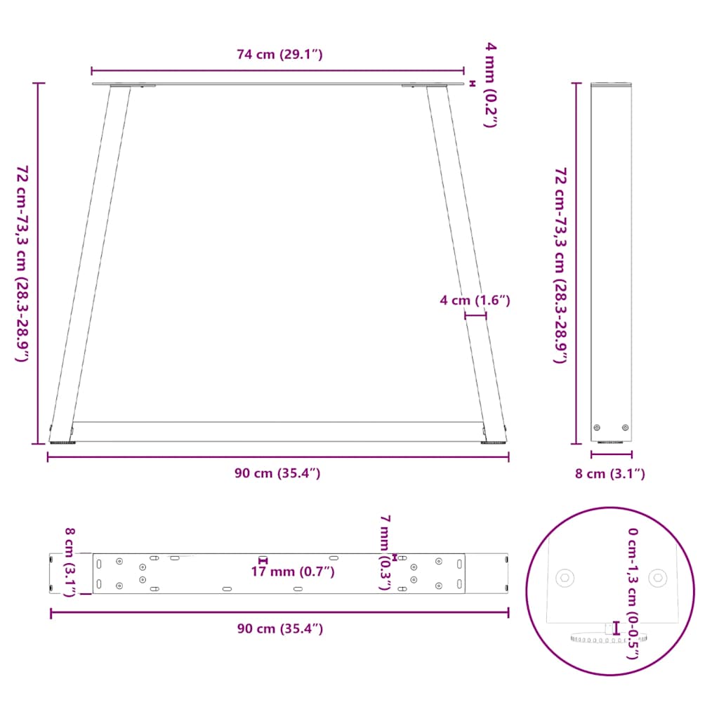 Pieds de table à manger en forme de V, 2 pièces, acier naturel, 90 x (72-73,3) cm - XIOS
