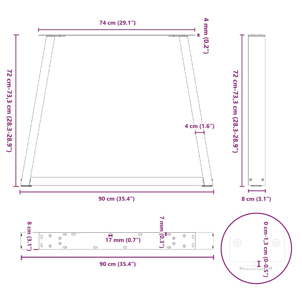 Pieds de table à manger en forme de V, 3 pièces, acier naturel, 90 x (72-73,3) cm - XIOS