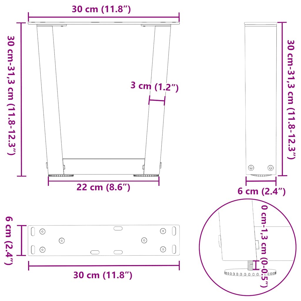 Pieds de table basse en forme de V, 2 pièces, anthracite, 30 x (30-31,3) cm, acier - XIOS