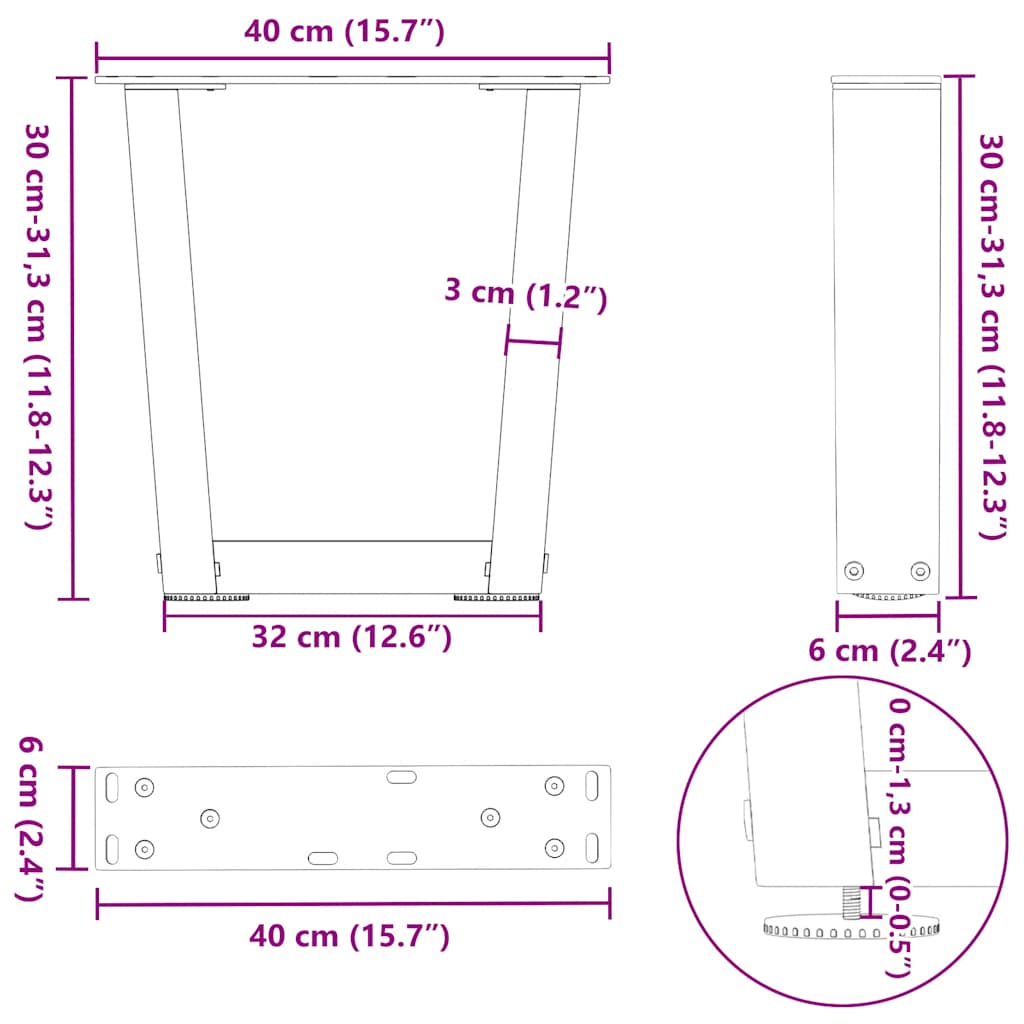 Pieds de table basse en forme de V, 2 pièces, acier naturel, 40 x (30-31,3) cm - XIOS