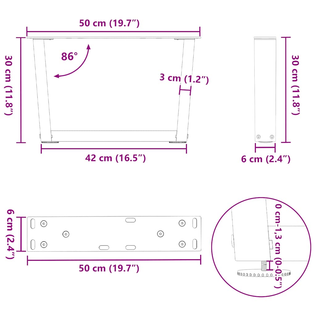 Pieds de table basse en forme de V, 2 pièces, acier naturel, 50 x (30-31,3) cm - XIOS