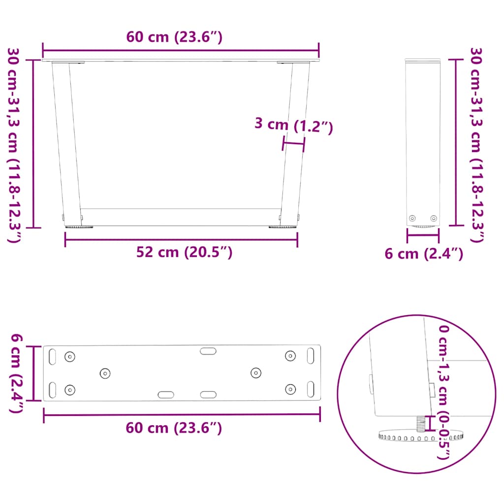 Pieds de table basse en forme de V, 2 pièces, blanc, 60 x (30-31,3) cm, acier - XIOS