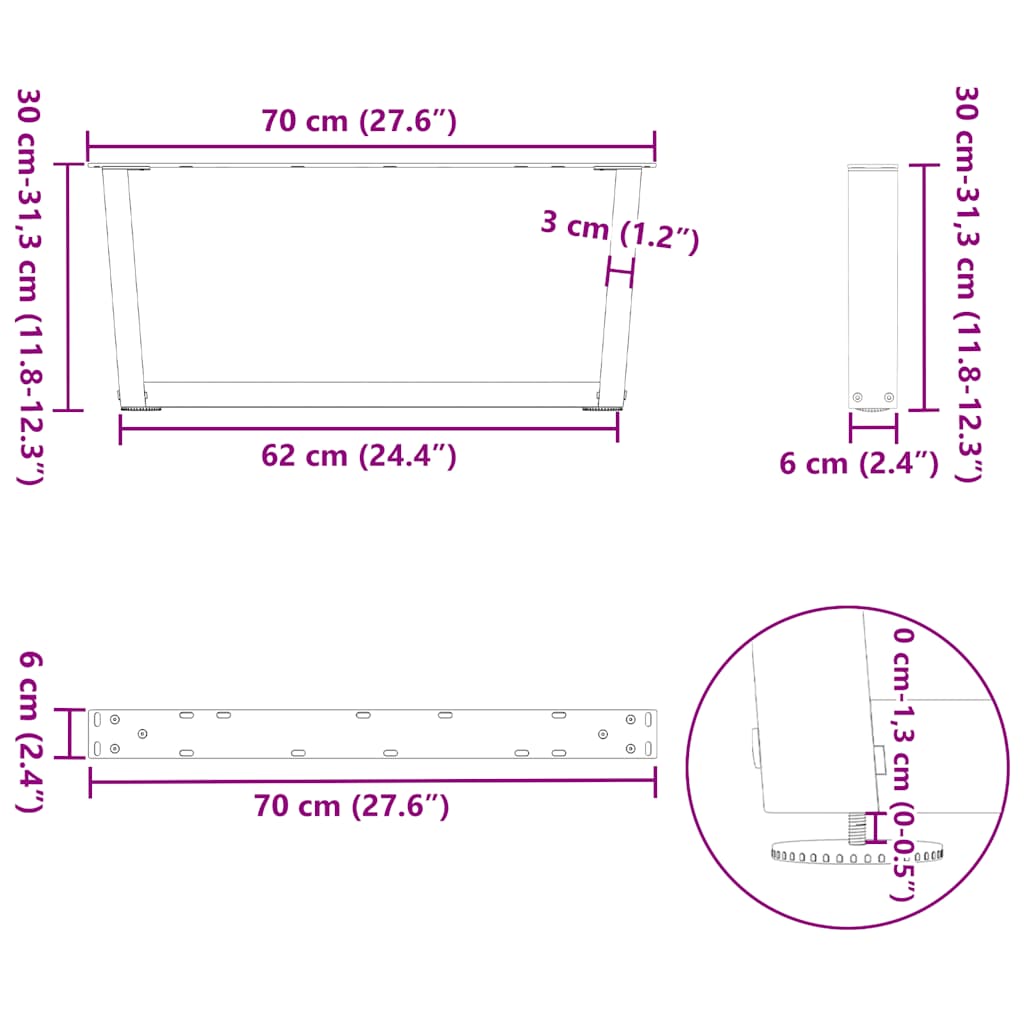 Pieds de table basse en forme de V, 2 pièces, acier naturel, 70 x (30-31,3) cm - XIOS