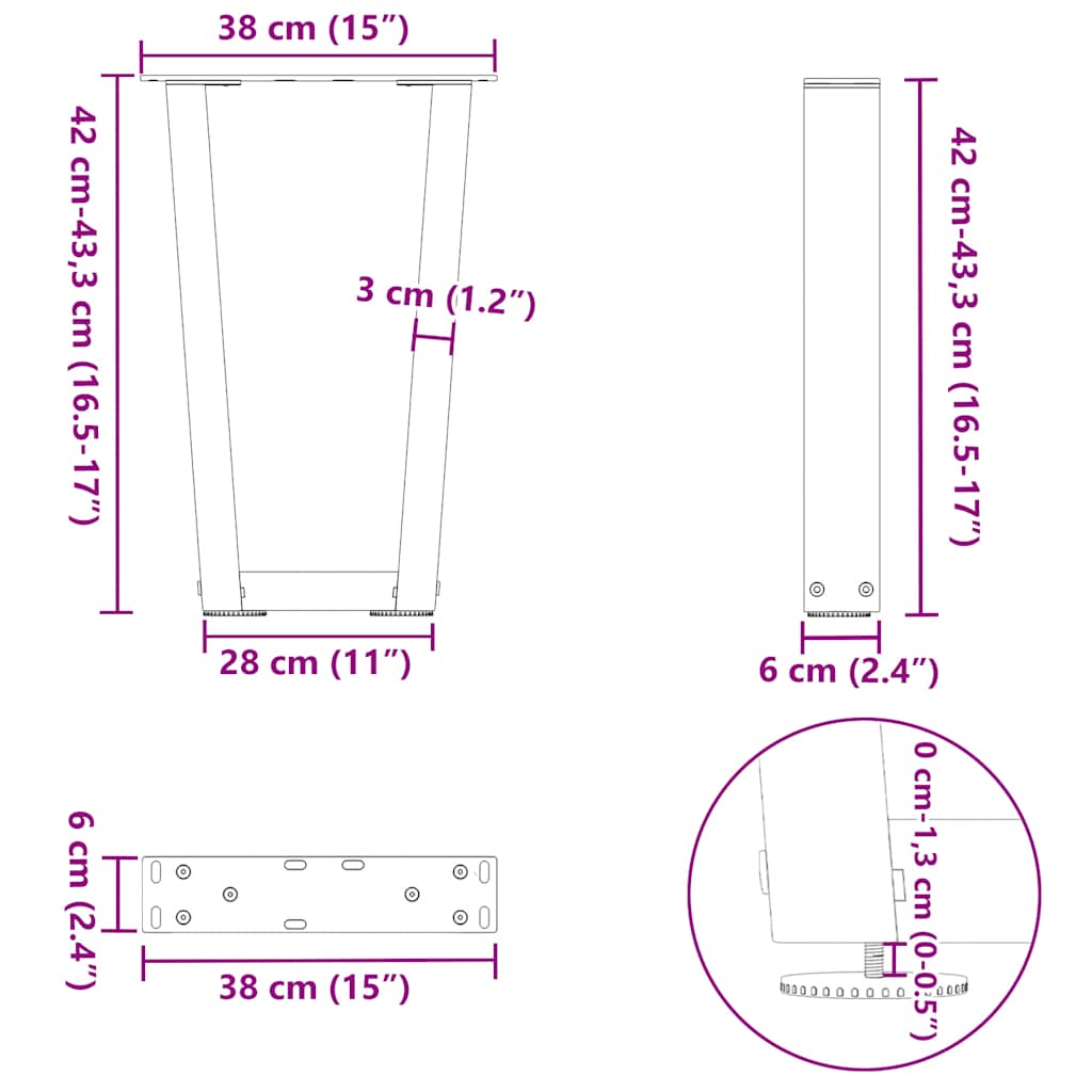 Pieds de table basse en forme de V, 2 pièces, acier naturel, 38 x (42-43,3) cm - XIOS