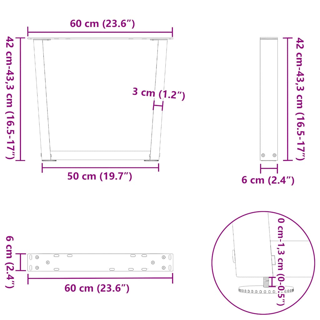 Pieds de table basse en forme de V, 2 pièces, acier naturel, 60 x (42-43,3) cm - XIOS