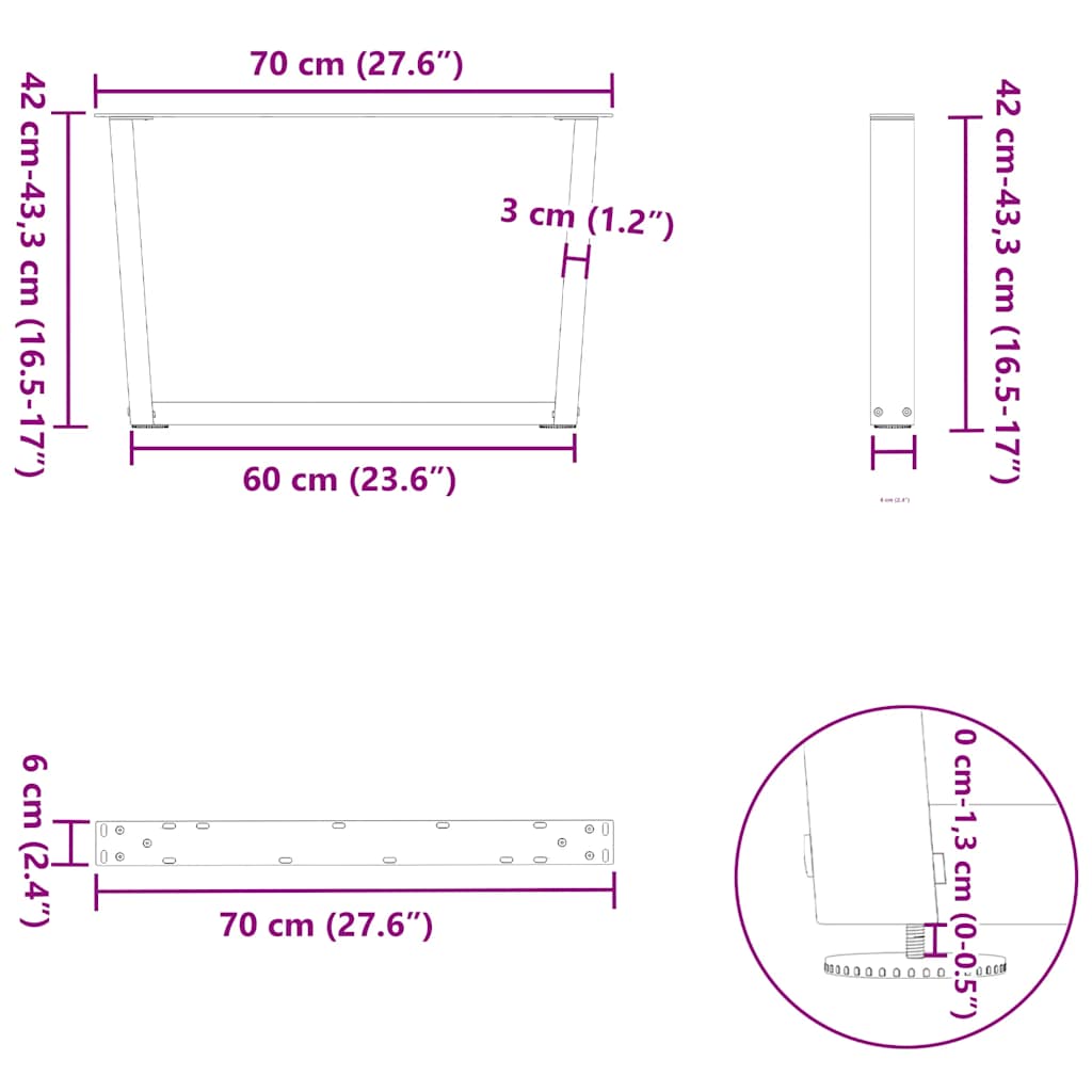 Pieds de table basse en forme de V, 2 pièces, blanc, 70 x (42-43,3) cm, acier - XIOS
