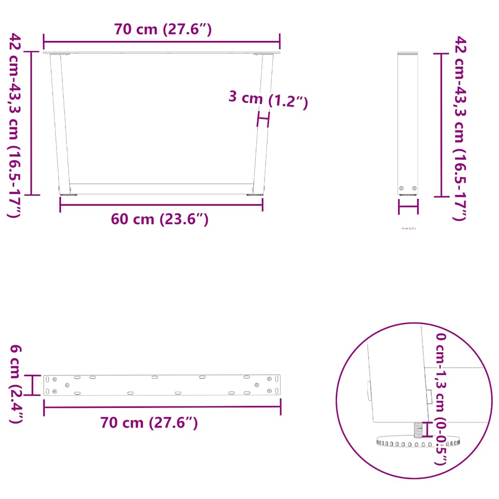 Pieds de table basse en forme de V, 2 pièces, anthracite, 70 x (42-43,3) cm, acier - XIOS