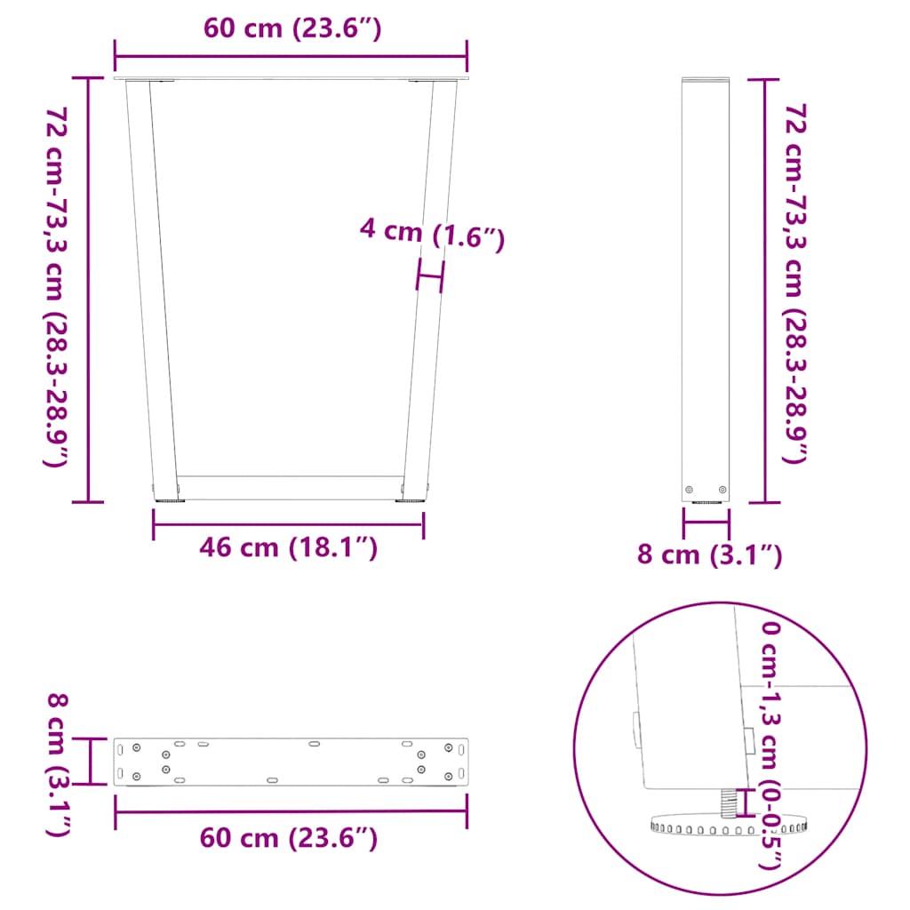Pieds de table à manger en forme de V, 2 pièces, acier naturel, 60 x (72-73,3) cm - XIOS
