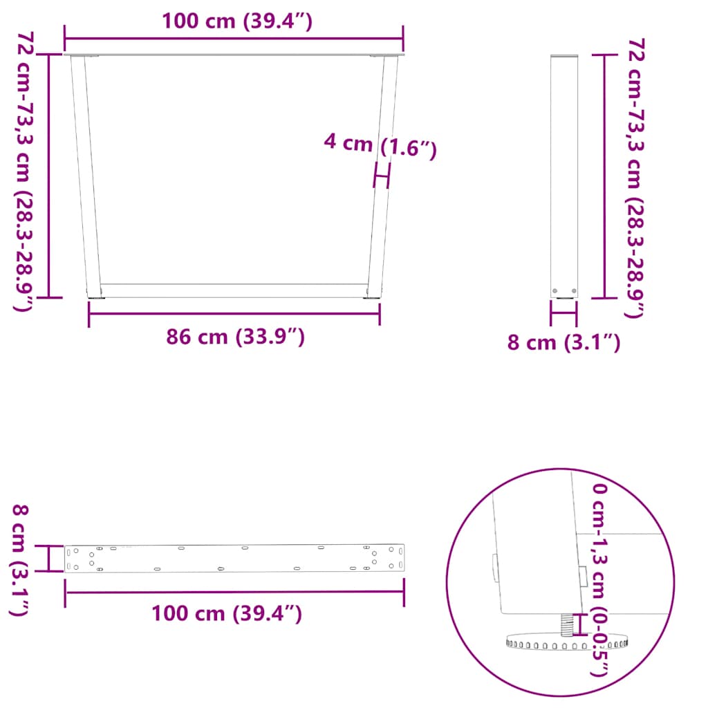 Pieds de table à manger en forme de V, 2 pièces, acier naturel, 100 x (72-73,3) cm - XIOS