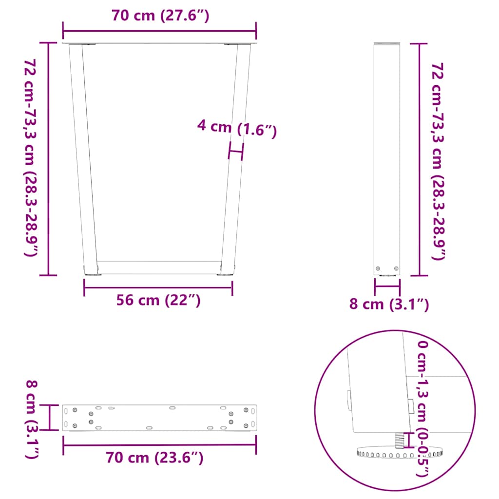 Pieds de table à manger en forme de V, 3 pièces, blanc, 70 x (72-73,3) cm, acier - XIOS