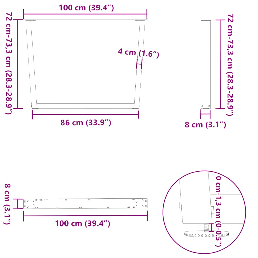 Pieds de table à manger en forme de V, 3 pièces, anthracite, 100 x (72-73,3) cm, acier - XIOS