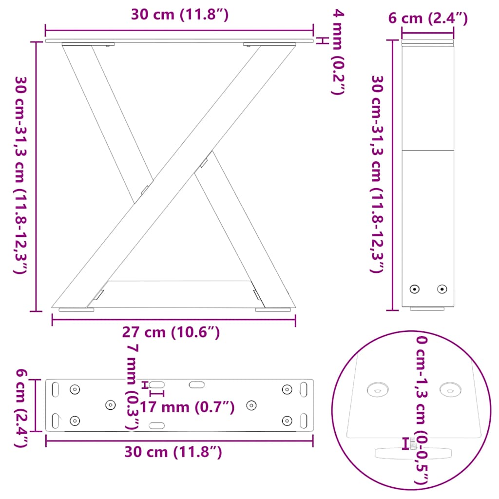 Pieds de table basse 2 pcs noir 30x(30-31,3) cm acier Pieds de table vidaXL