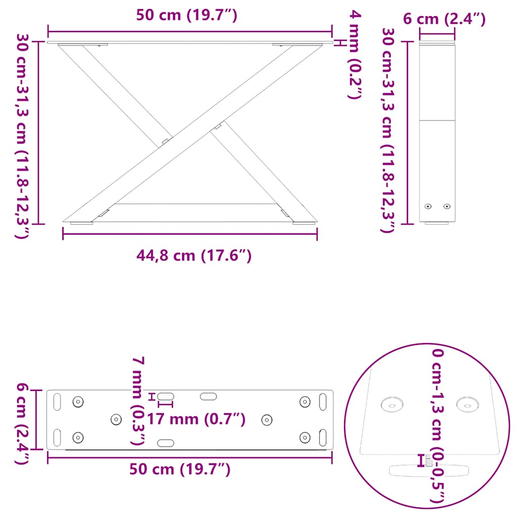 Pieds de table basse 2 pièces Acier naturel 50 x (30-31,3) cm Acier - XIOS
